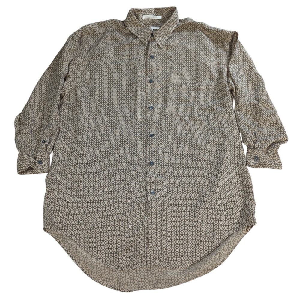 Perry Ellis Mens L 100% Silk Shirt Beige Brown Blue Geometric Print Long Sleeve